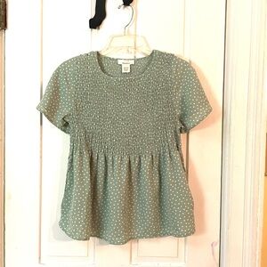 Urban Romantics Spring Mint Green Polka Dot Smocked Bodice Top Size Small